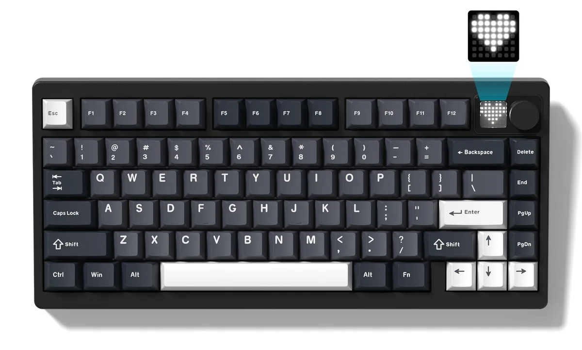 Grey 75% wireless mechanical keyboard with metal knob and dot-matrix display