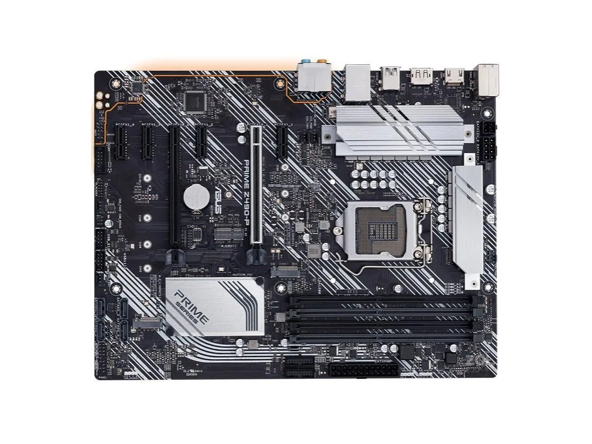 ATX motherboard in black with silver heatsinks LGA 1200 socket DDR4 slots