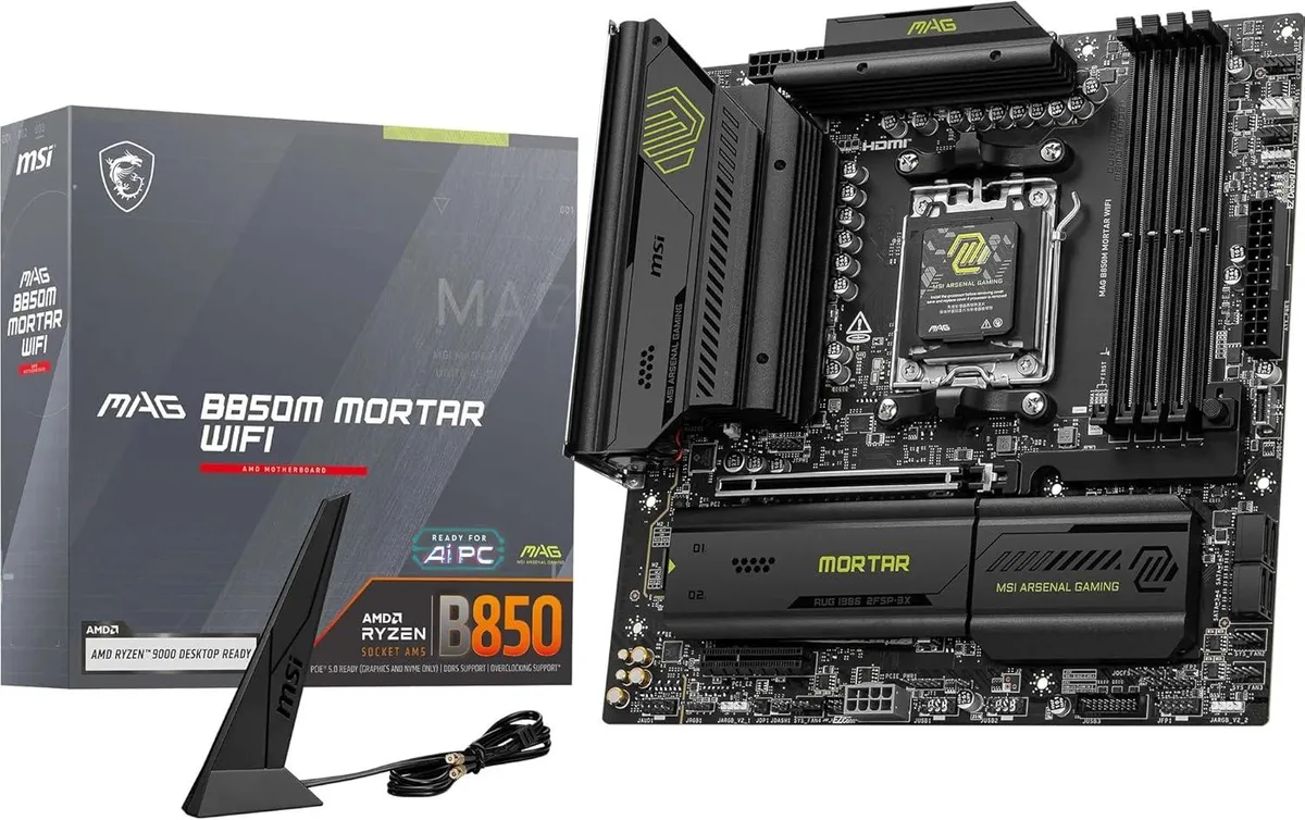 Dark green micro ATX motherboard with black heatsinks and silver accents, four DDR5 slots, three M.2 shields, rear I/O shield attached