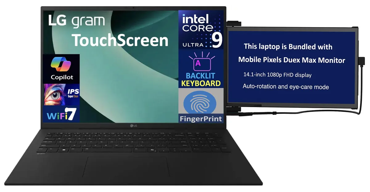 Black 17.0 inch touchscreen laptop with 14 inch portable monitor attached