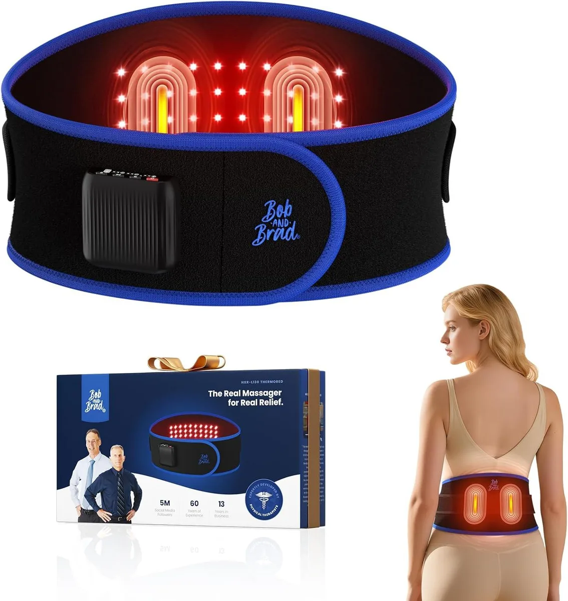 Bob and Brad Bob and Brad HXR-L130 Belt Massager 660 nm 850 nm 50 beads 4 heat 4 vibration 52 in waist 1.6 lbs — product photo