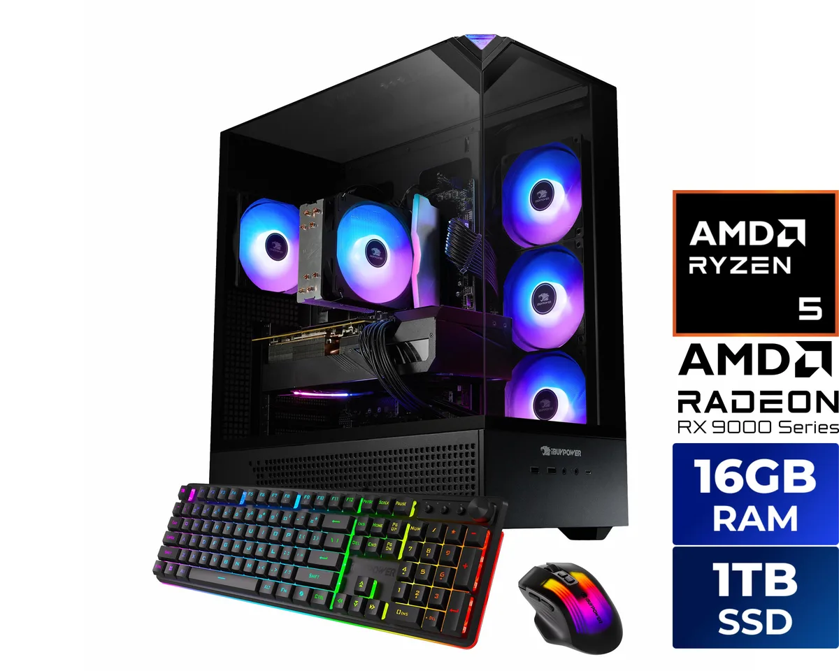 iBUYPOWER iBUYPOWER EBA5R96XT02 gaming PC Ryzen 5 8400F 16GB DDR5 1TB NVMe Radeon RX 9060 XT — product photo