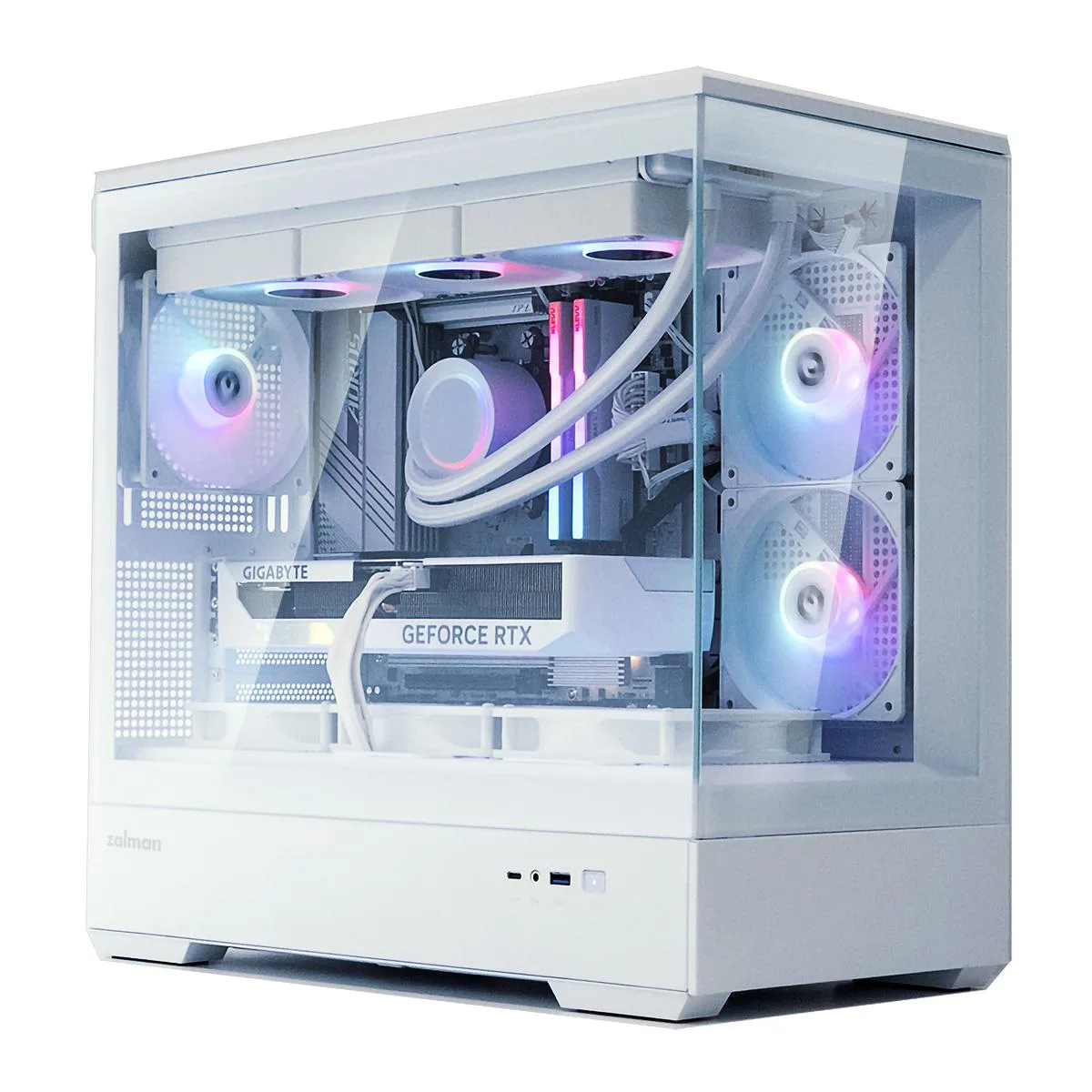 White micro-ATX tower with frameless tempered glass front and side panels, three pre-installed 120mm ARGB fans visible behind the glass