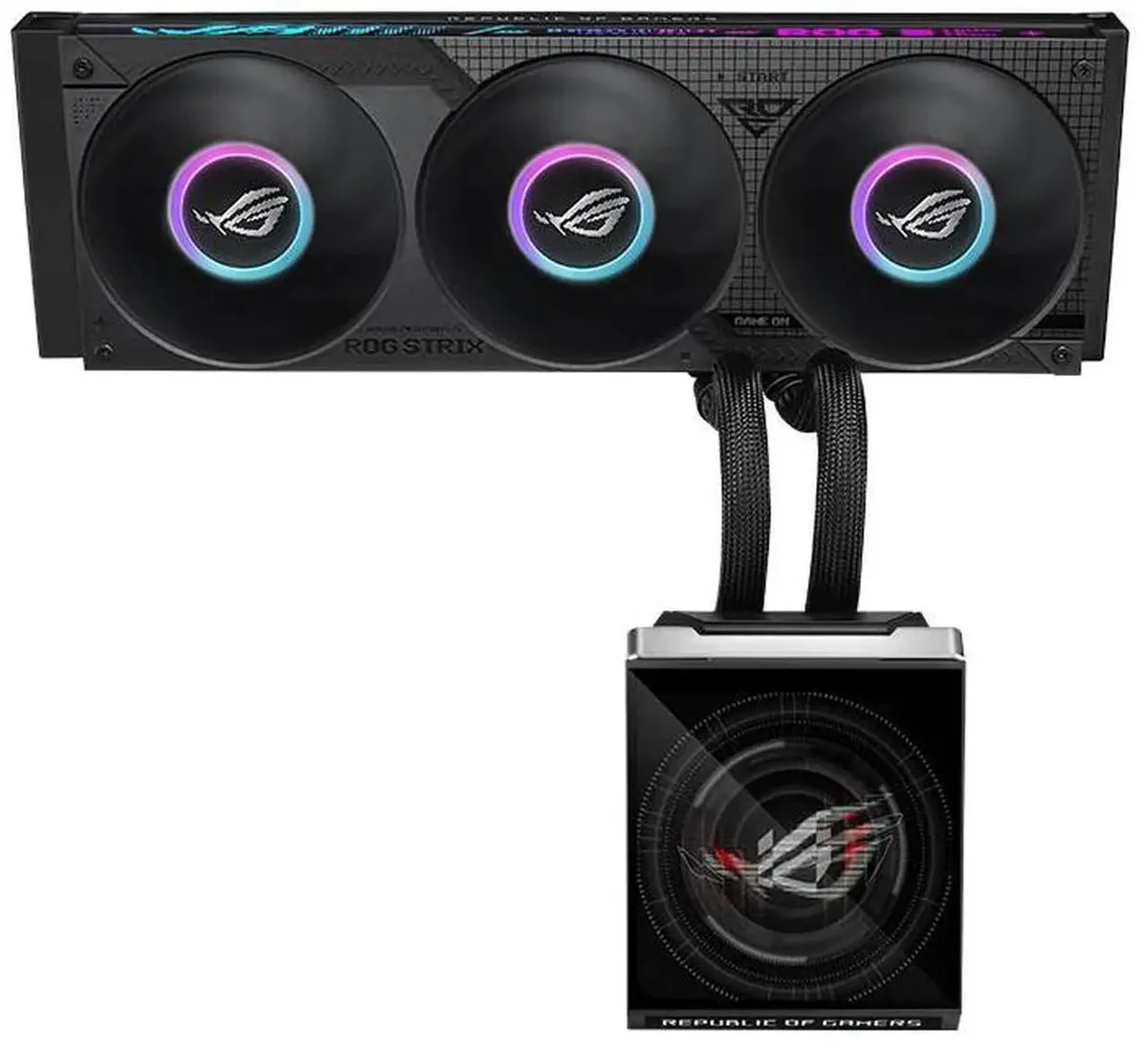 360 mm radiator with three 120 mm fans, 250 mm sleeved tubes, copper water block, 5.08 inch IPS LCD screen