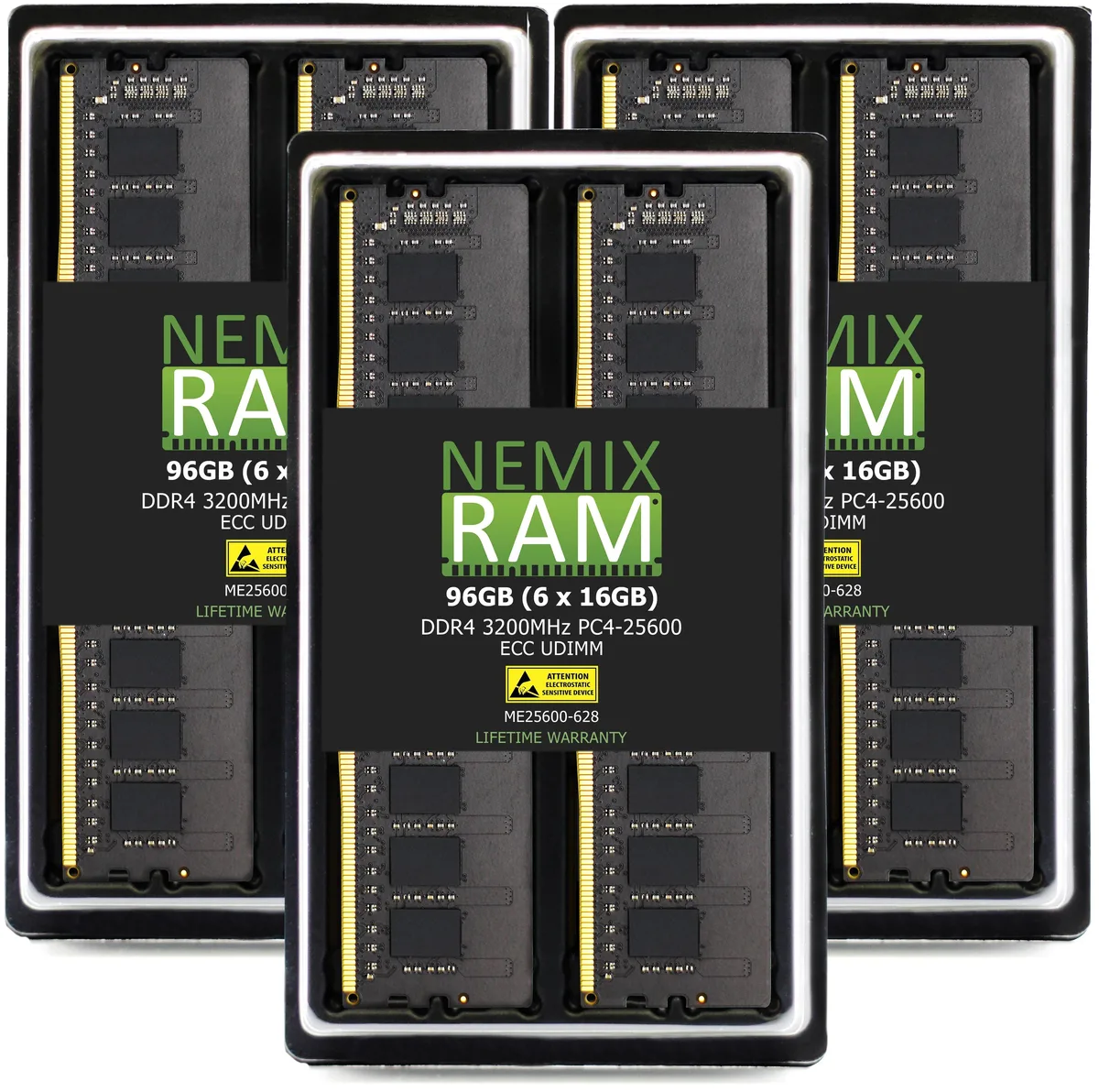 Six green circuit boards with gold edge connectors and black memory chips in a row
