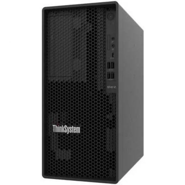 Lenovo ThinkSystem ST45 V3 tower server, matte black chassis with front drive bays and expansion slots