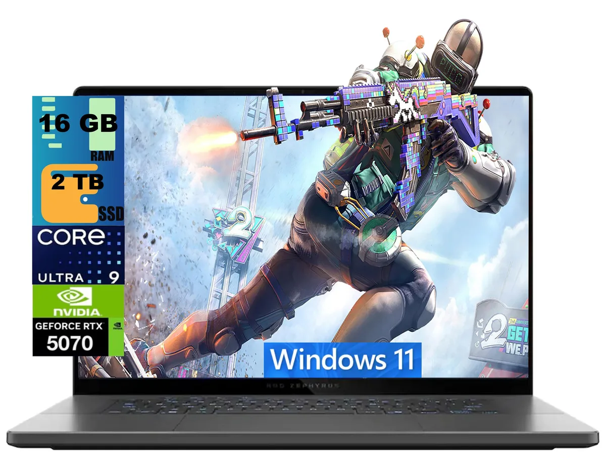 Grey 16 inch laptop, slim OLED screen, RGB keyboard