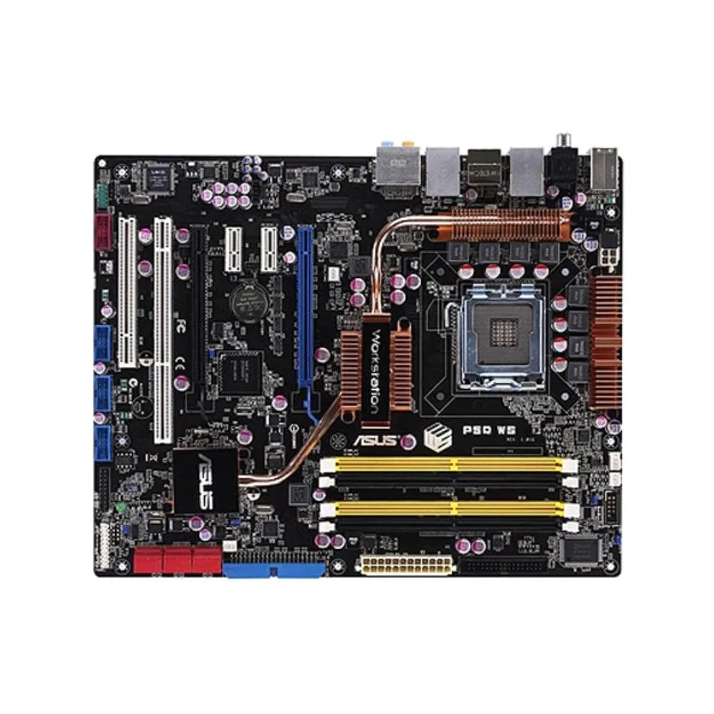 ATX motherboard, dark PCB, silver heatsinks, LGA 775 socket, DDR2 slots, SATA ports, I/O shield