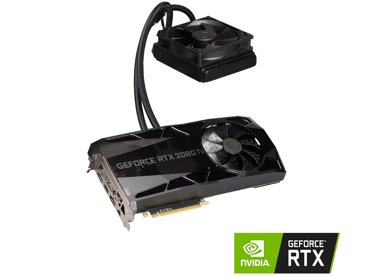 EVGA GeForce RTX 2080 Ti FTW3 Ultra Hybrid graphics card with black metal shroud, integrated AIO liquid cooler, radiator and dual fans