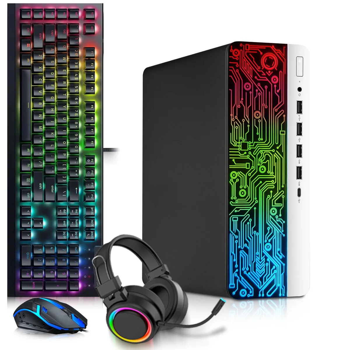 Black small-form-factor desktop tower with RGB keyboard, mouse and headphones