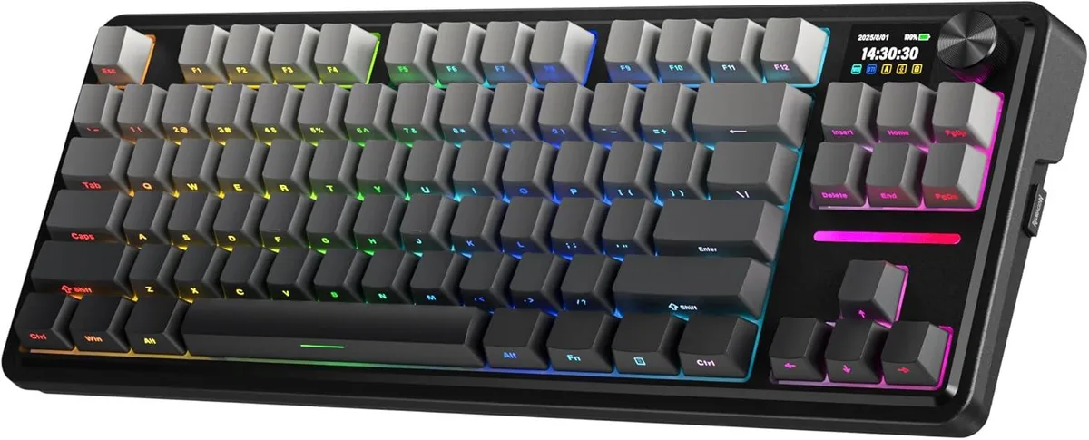 Redragon K743 PRO 80 percent gaming keyboard with 1.41 inch TFT screen and knob, 84 keys, gradient PBT keycaps