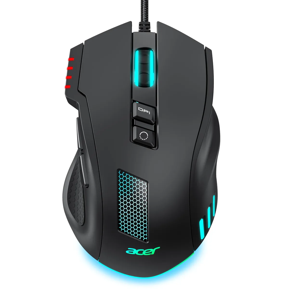 Black right-handed wired gaming mouse with RGB underglow and paracord cable