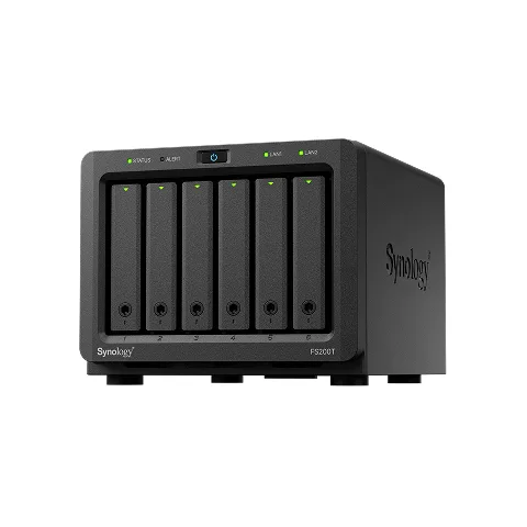 Compact silver desktop NAS with six 2.5 inch drive bays, two LAN ports and two USB ports on the front