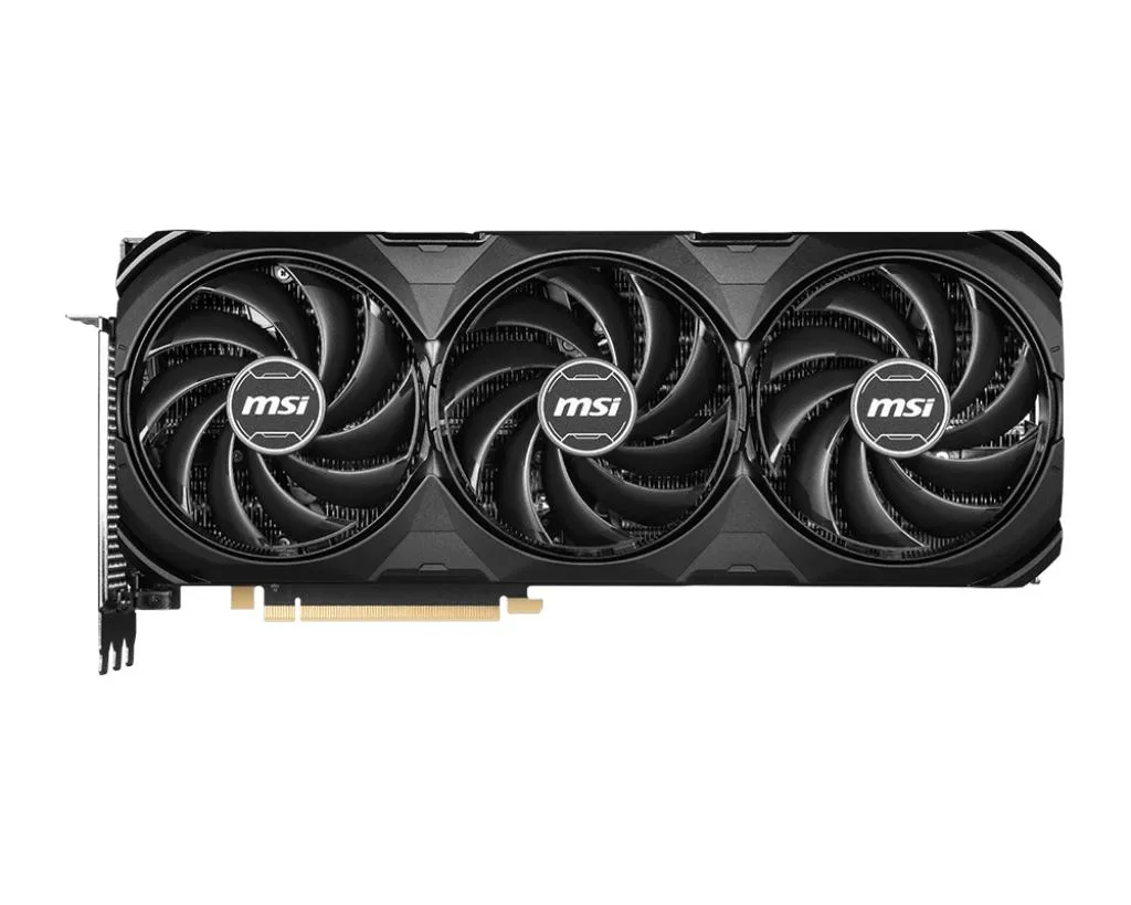 Black triple-fan graphics card, 322 mm long, matte shroud, silver backplate, two HDMI and two DisplayPort outputs