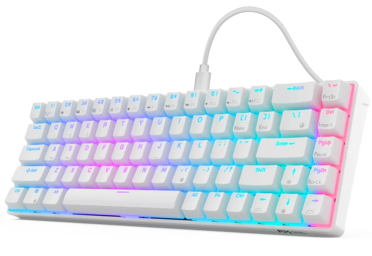 White compact mechanical keyboard with 68 keys, RGB backlighting, detachable USB-C cable, hot-swappable red linear switches