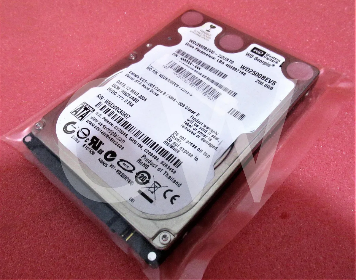 Silver rectangular 2.5 inch SATA hard drive with label