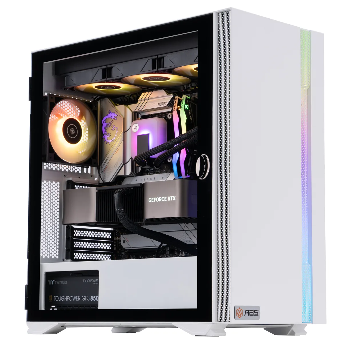 White mid-tower gaming PC with RGB liquid cooling visible through glass side panel