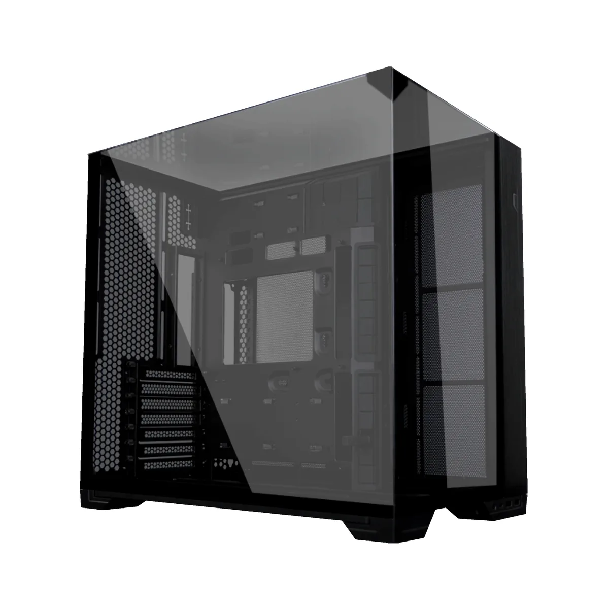 Black compact mid-tower case with tempered glass front, top and side panels, brushed aluminium accents, steel frame, no fans installed
