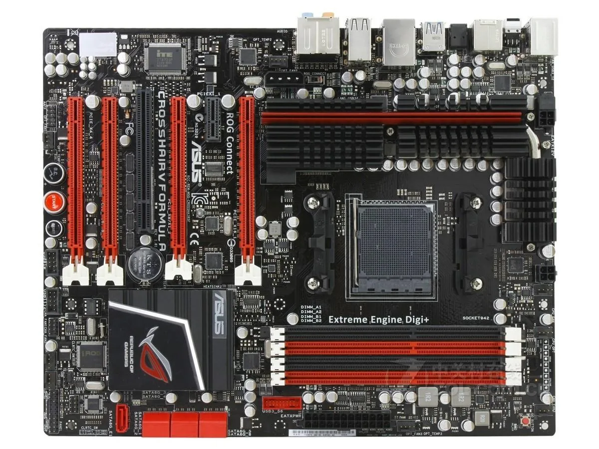 ATX motherboard with black PCB, metallic heatsinks and rear I/O shield
