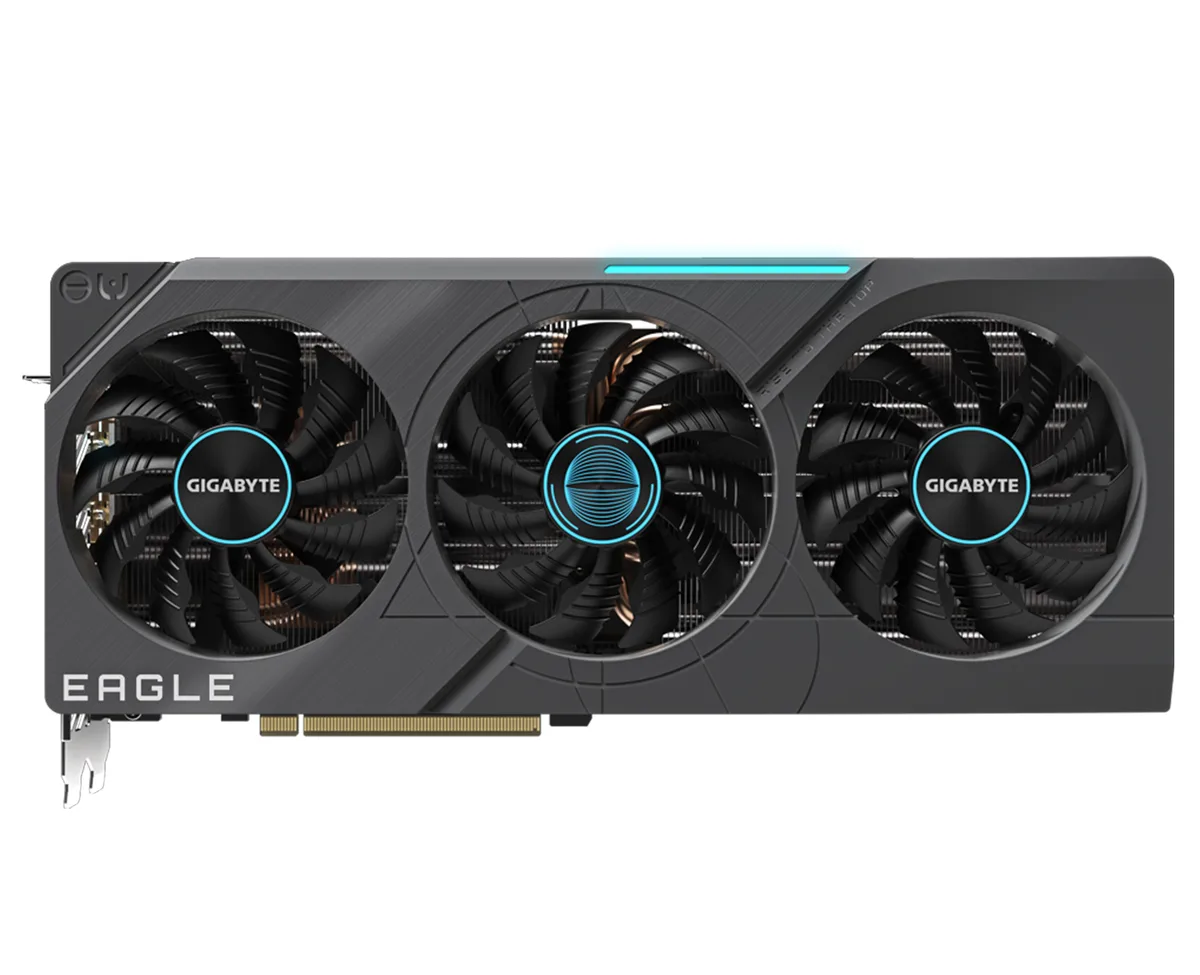 GIGABYTE GeForce RTX 4070 Ti EAGLE OC graphics card with three WINDFORCE fans and metal backplate