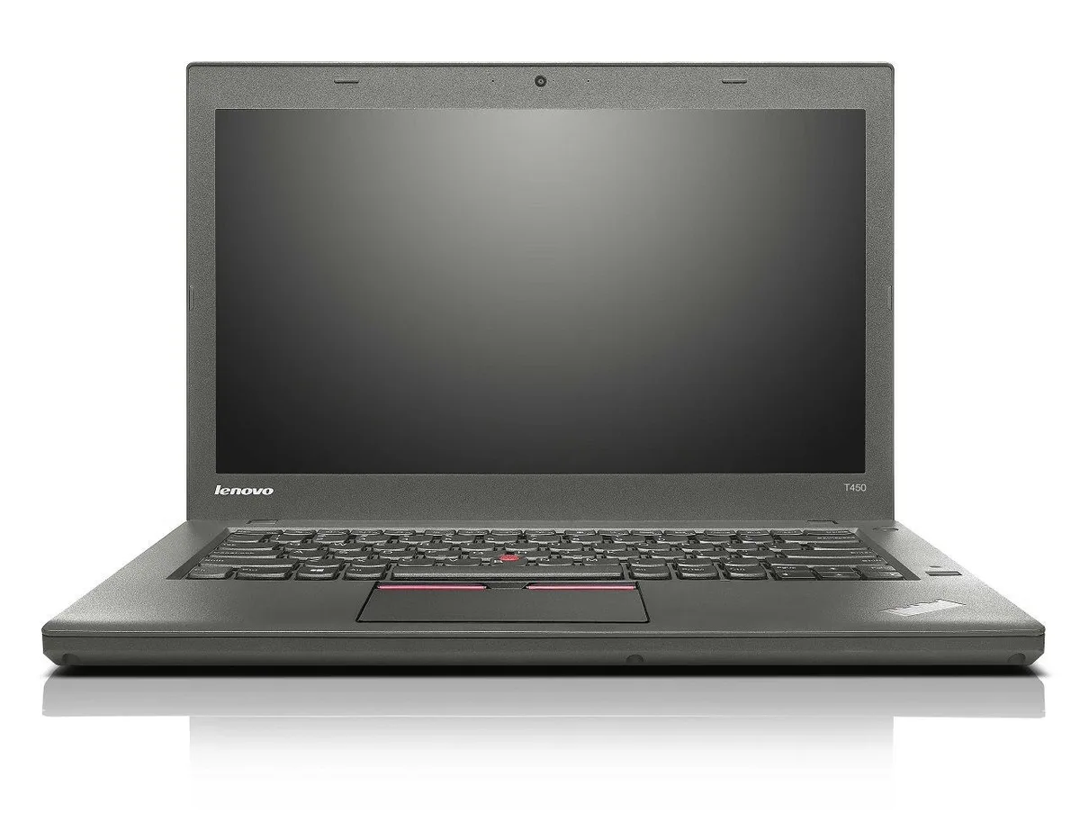 Black Lenovo ThinkPad T450 laptop, 14 inch matte screen, closed lid