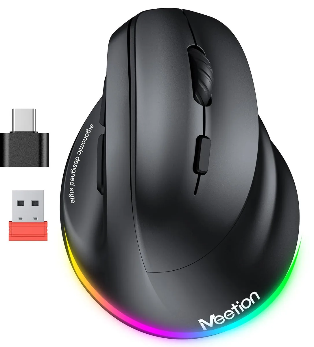 Black vertical ergonomic gaming mouse with 16 buttons and RGB lighting