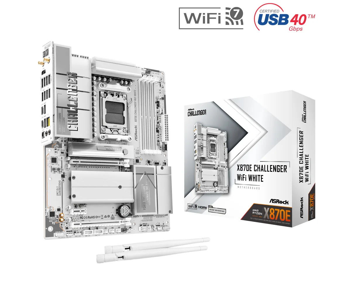 White ATX motherboard with silver heatsinks and four DDR5 slots