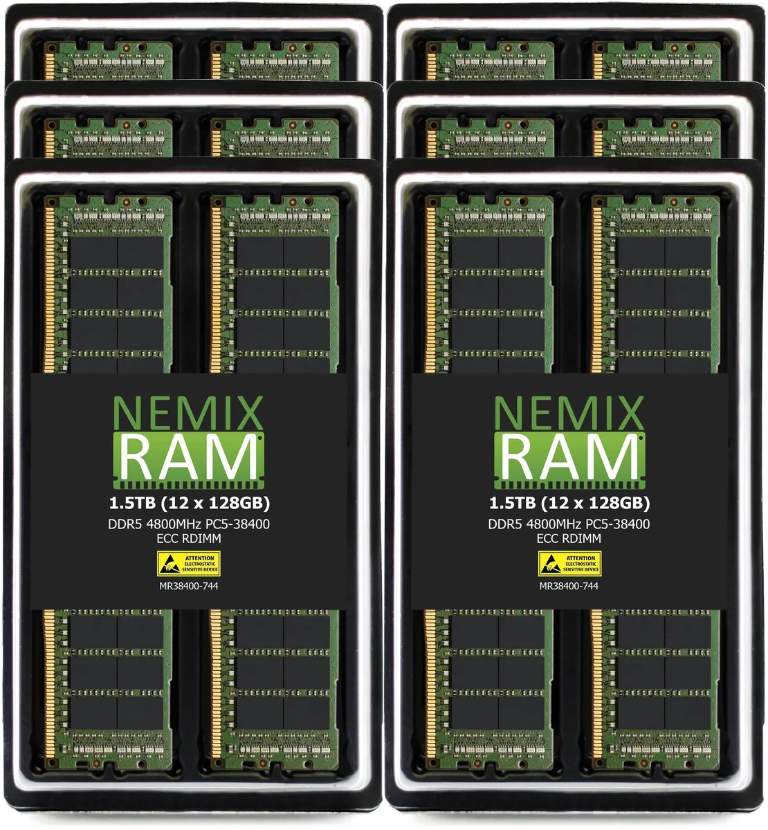 Twelve green DDR5 RDIMM sticks in a row
