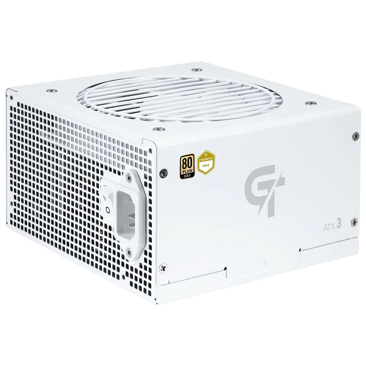 White fully modular ATX power supply unit with black cables and a 120mm fan grille