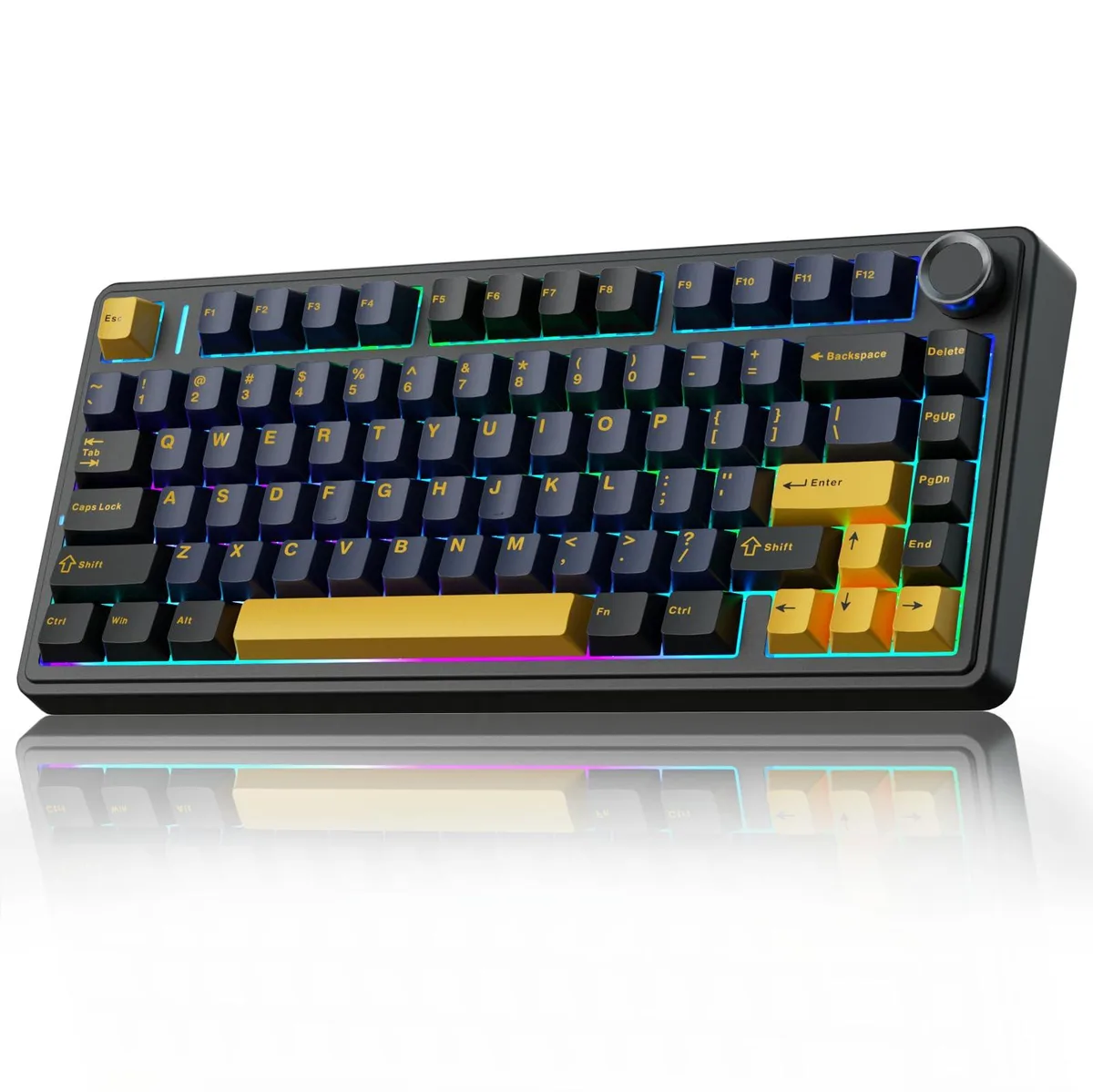Compact 75% mechanical keyboard in cool black with RGB backlighting and a side knob