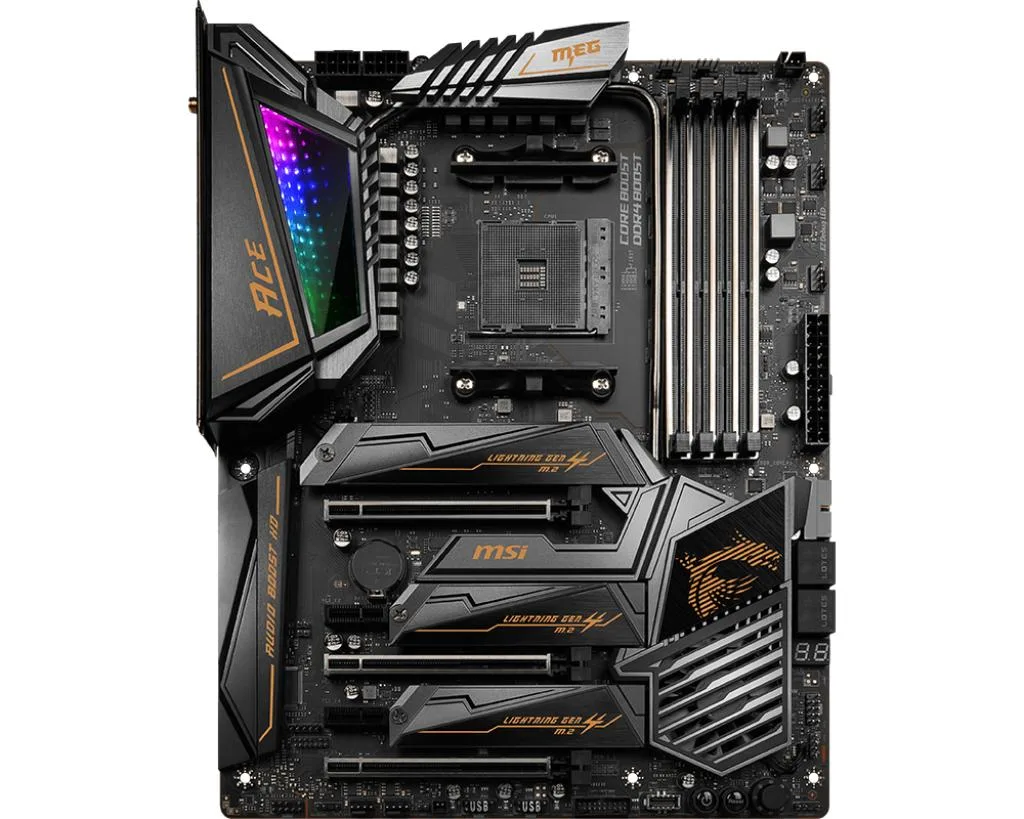 ATX motherboard with black PCB and silver heatsinks