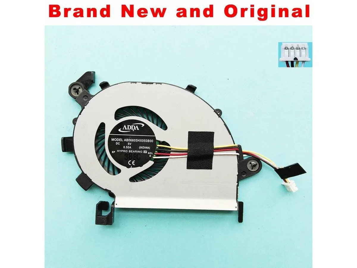 Small black laptop CPU cooling fan with plastic housing and wire connector