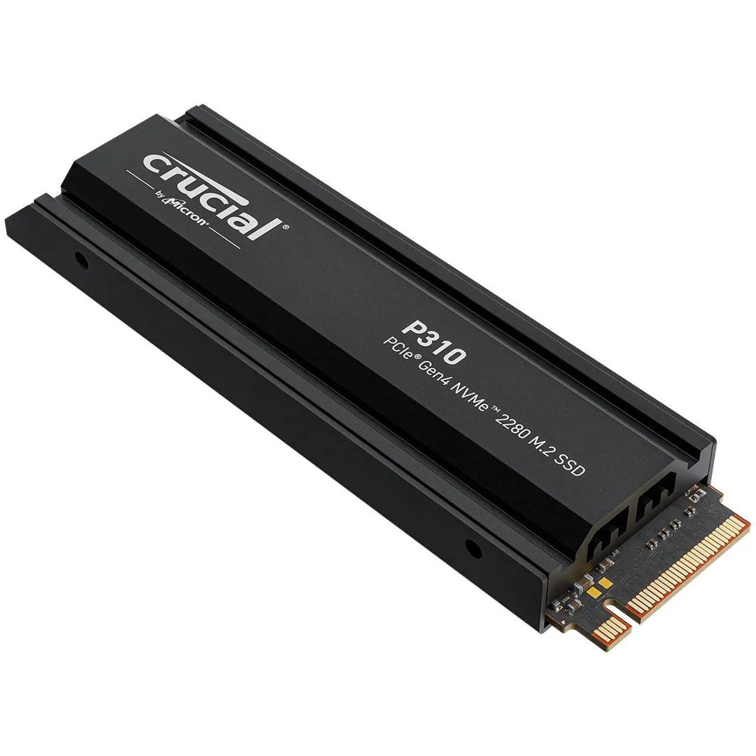 Crucial P310 M.2 2280 4TB internal SSD with heatsink, black circuit board and gold edge connector