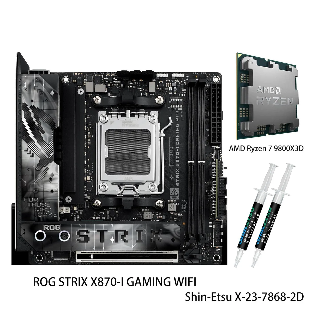 Compact mini ITX motherboard with large heatsinks and integrated I/O cover, paired with a square AM5 CPU