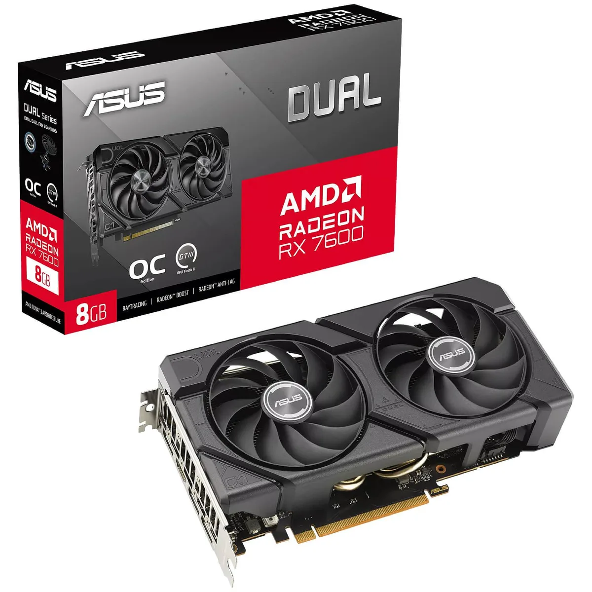 Dual-fan graphics card with silver shroud and black backplate, 2.5-slot design