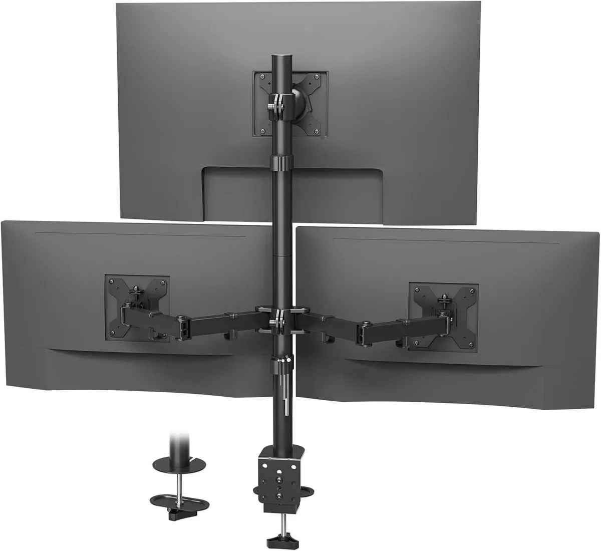 BFKK BFKK Triple Monitor Desk Mount 13-32 Inch VESA 75x75/100x100 22lbs C-Clamp Grommet — preces foto