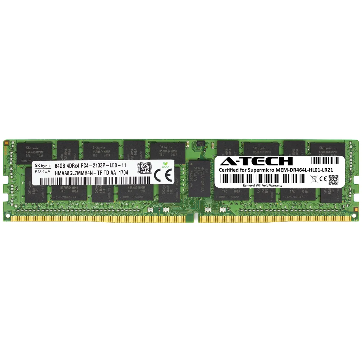 Green 288-pin LRDIMM server memory module with black chips