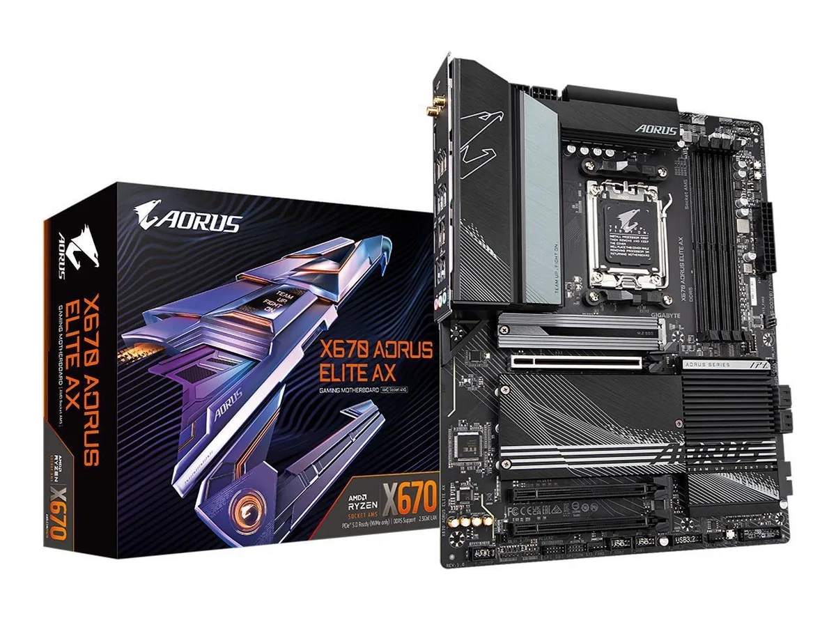 ATX motherboard with black PCB, silver heatsinks and integrated I/O shield