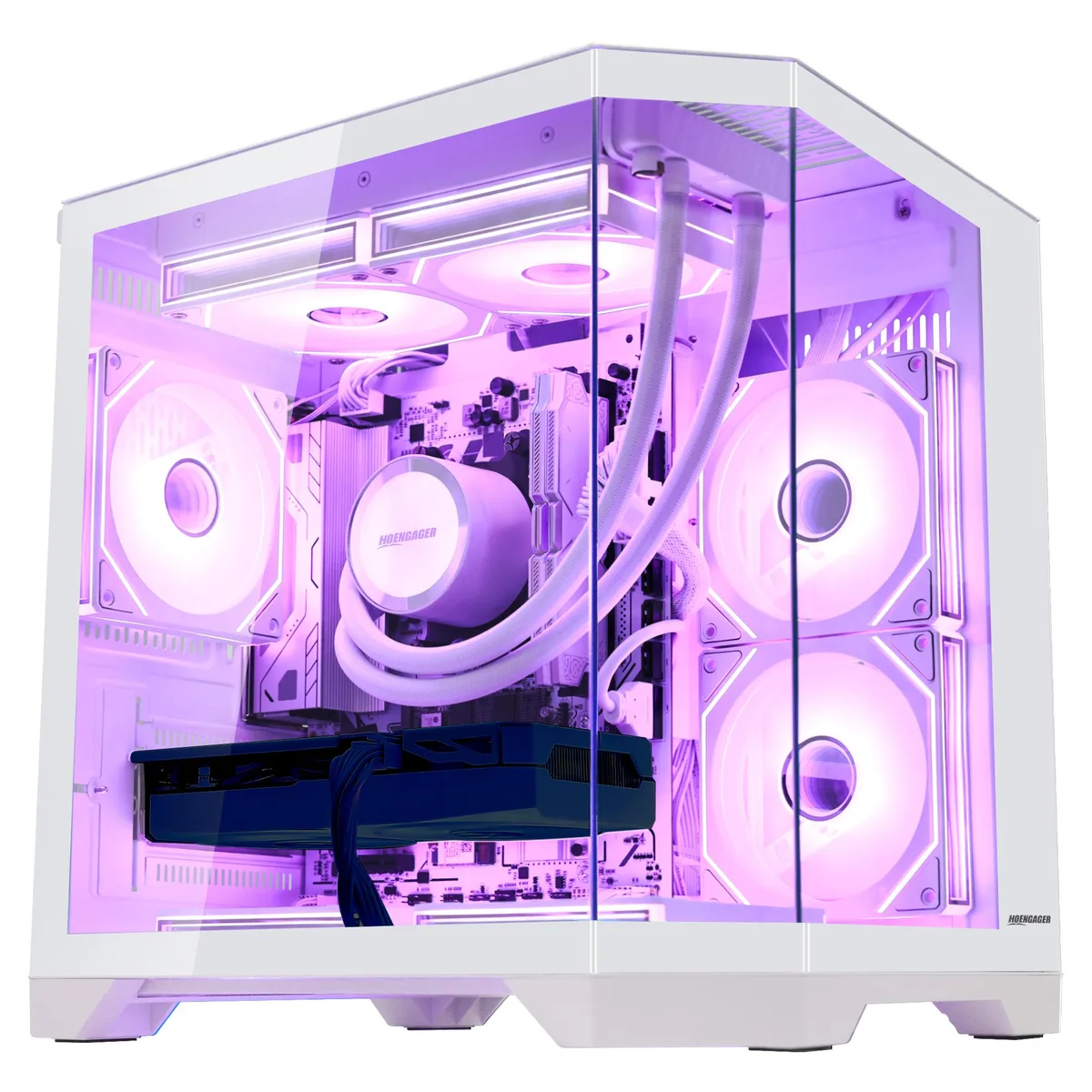 White mid-tower desktop with 240mm AIO liquid cooler and RGB fans