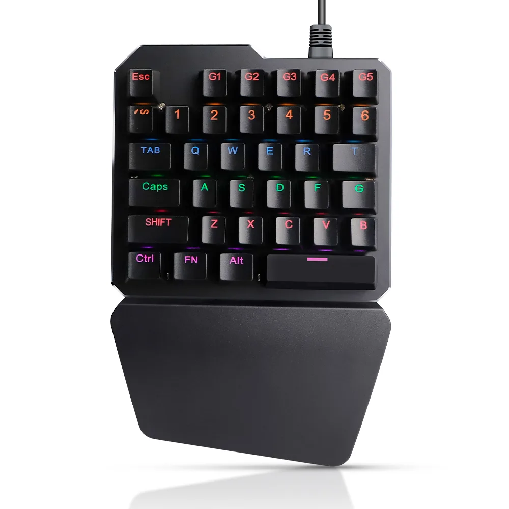 Compact black one-handed mechanical gaming keyboard with 35 keys, blue switches, rainbow LED backlighting and integrated wrist rest