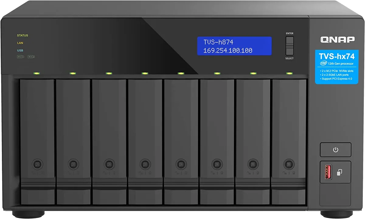 Silver desktop NAS enclosure with eight front drive bays