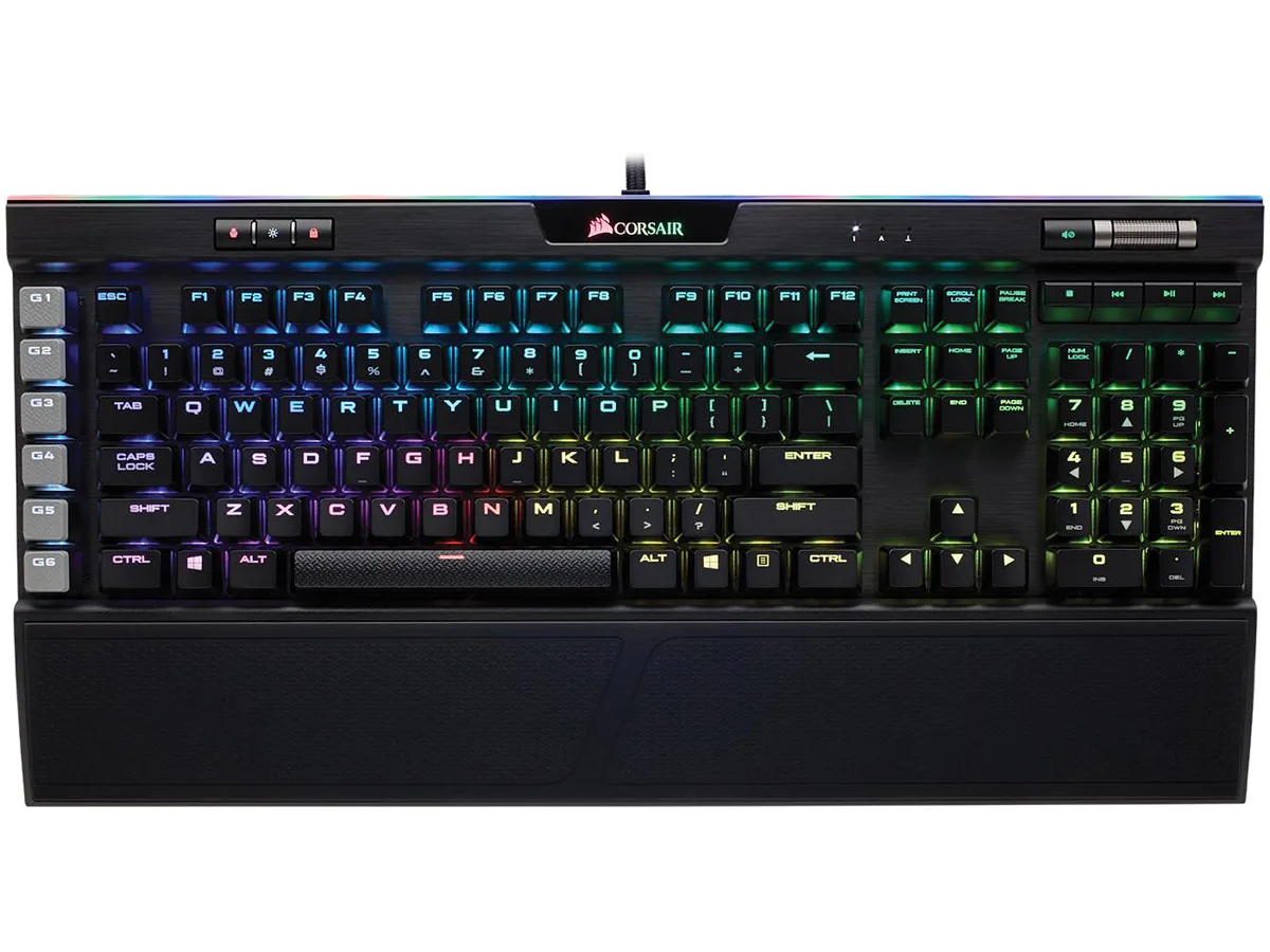 Black full-size mechanical keyboard with brushed aluminium frame, detachable wrist rest, per-key RGB lighting and six macro keys