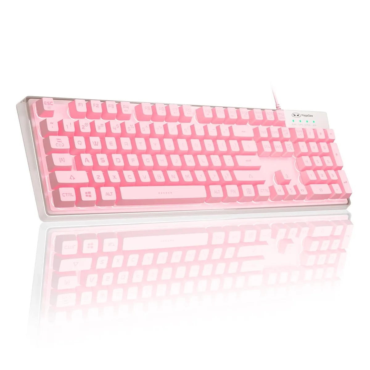 Full-size pink keyboard with transparent housing and metal base, 104 double-shot keycaps, USB cable attached