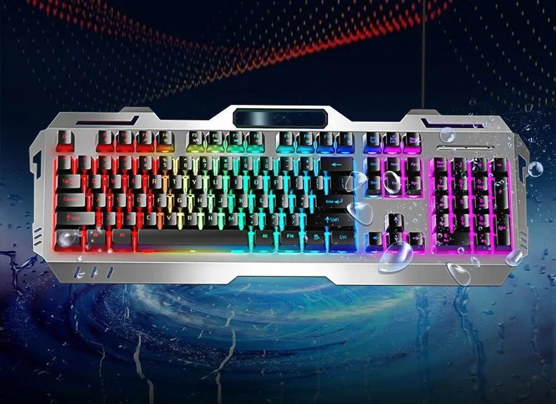 Wired gaming keyboard with silver-black finish and rainbow backlighting, ergonomic shape, suspended keycaps, thick metal base, USB 2.0