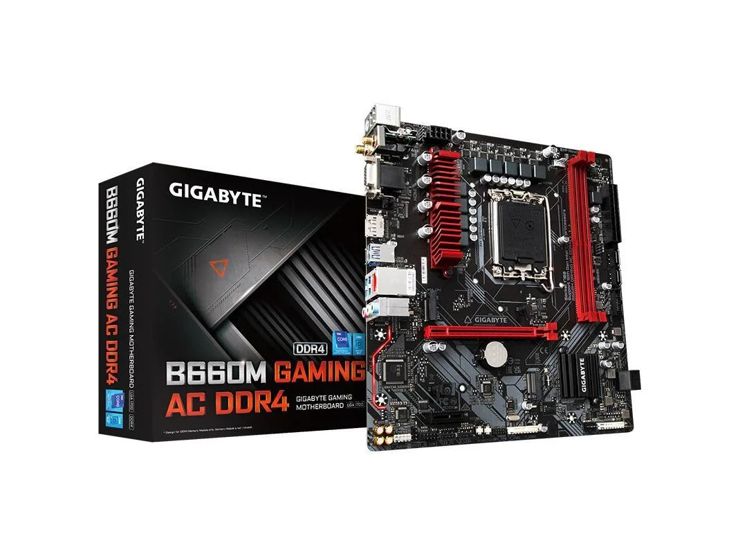 Micro ATX motherboard, black PCB with silver heatsinks and white accents