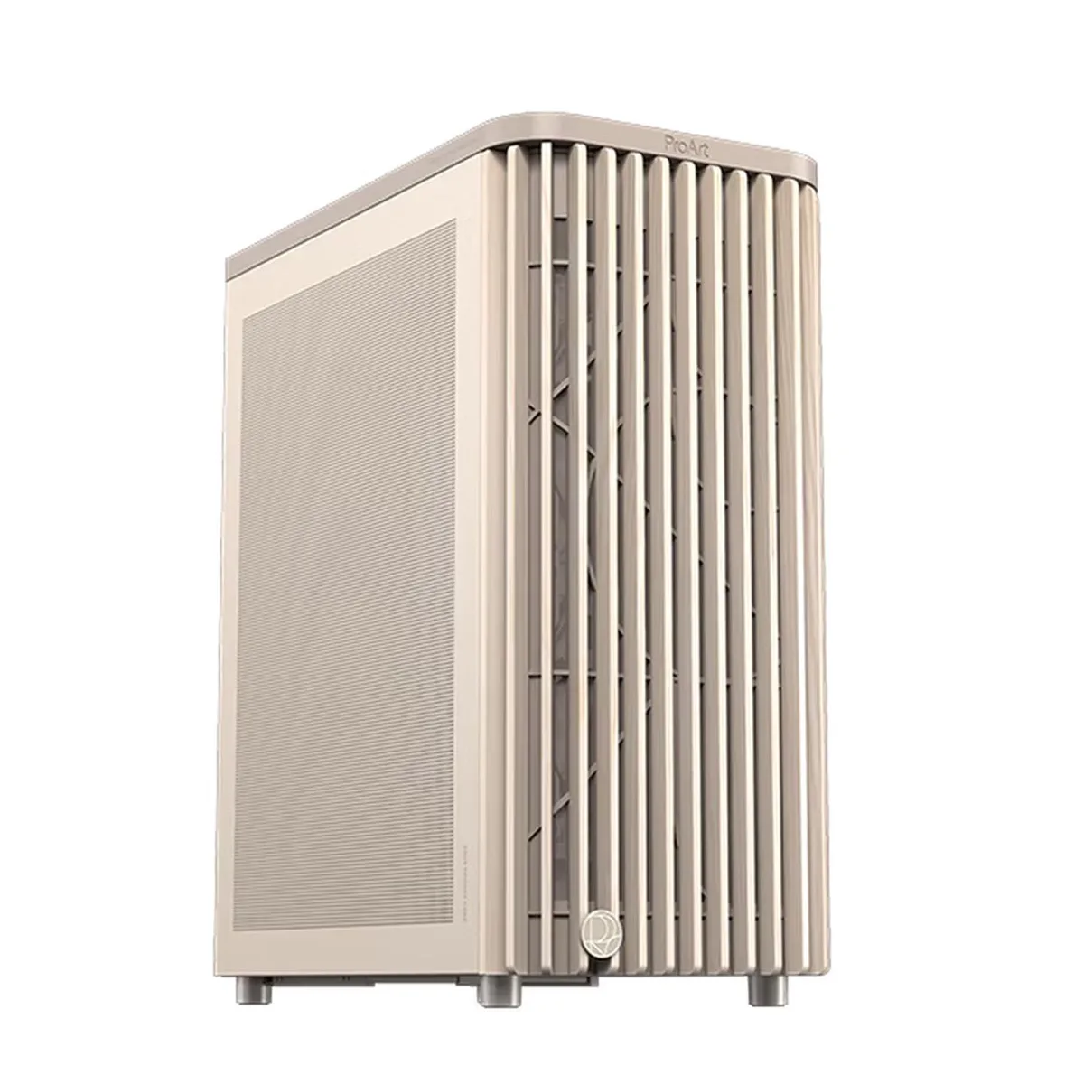 Rectangular white steel chassis with mesh front panel, tempered glass side, wood accent, Oat White finish