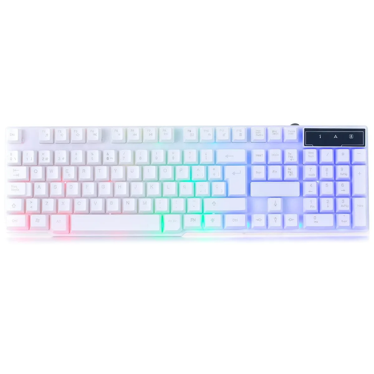 White wired gaming keyboard with black keys and rainbow backlighting