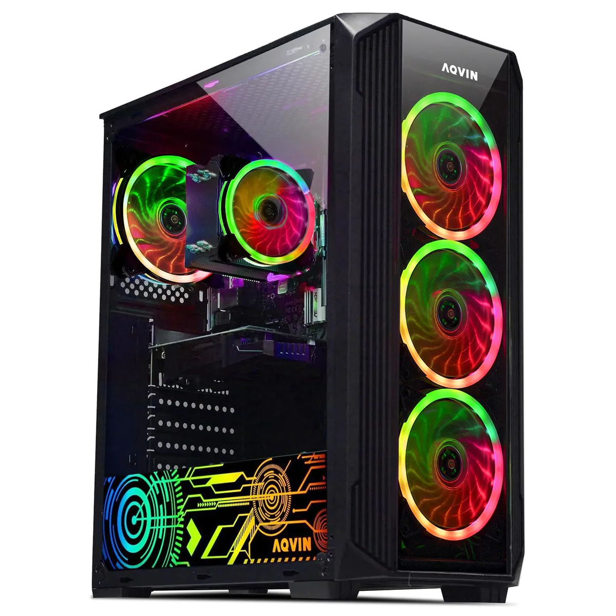 Black tower gaming PC with side window, RGB keyboard and mouse