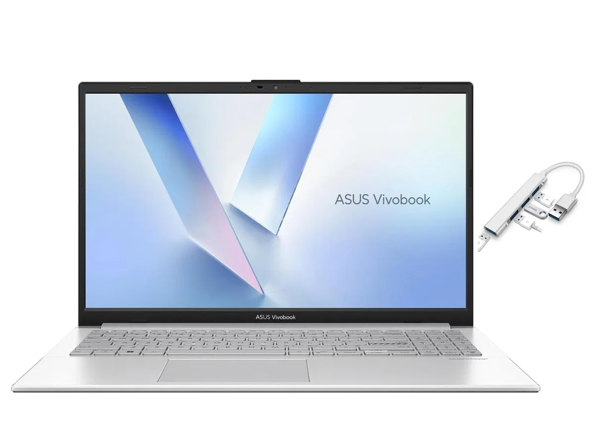 Silver laptop with 15.6 inch screen and wireless mouse