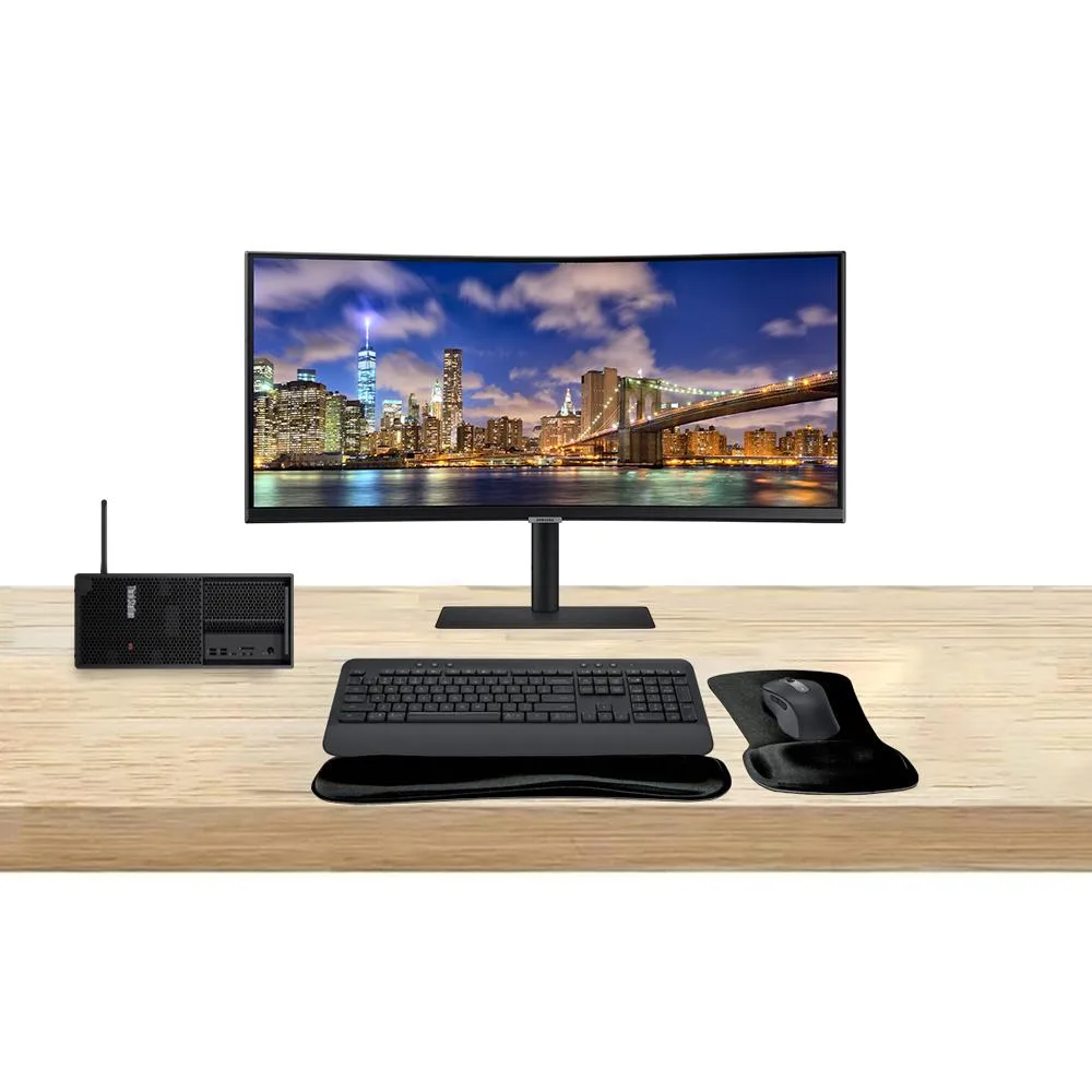 Lenovo ThinkStation P3 tower with 34 inch curved monitor, graphite wireless keyboard and mouse combo